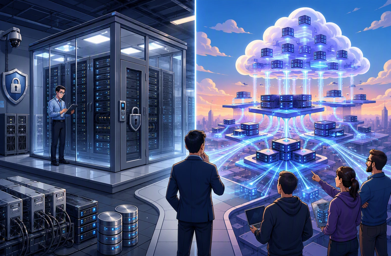 Split-screen comparison of enterprise risk control and scalable growth pathways