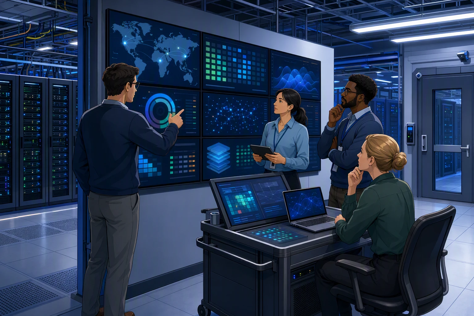Security team reviewing risk dashboard in data center