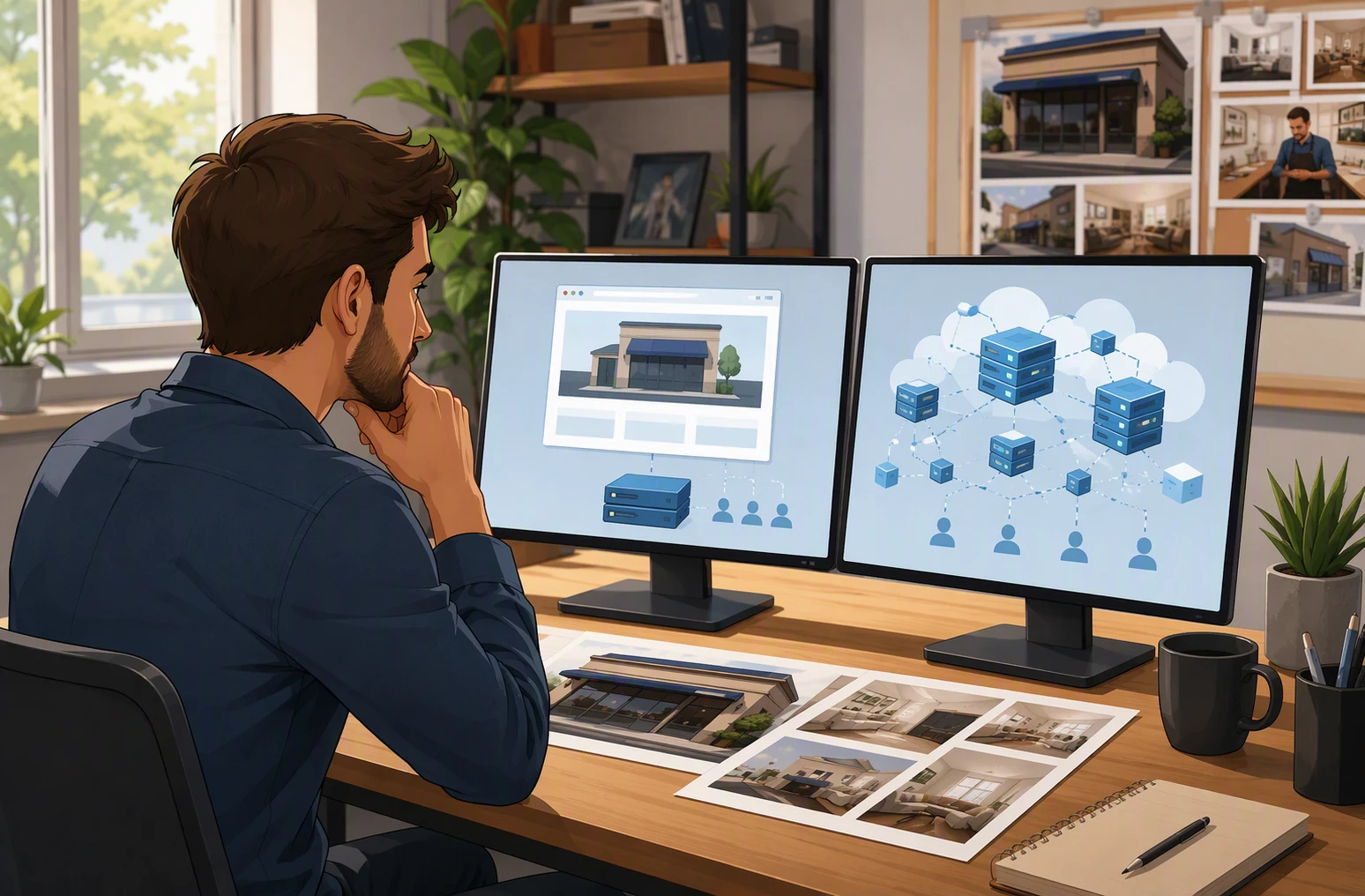 Small business owner comparing hosting plans at desk