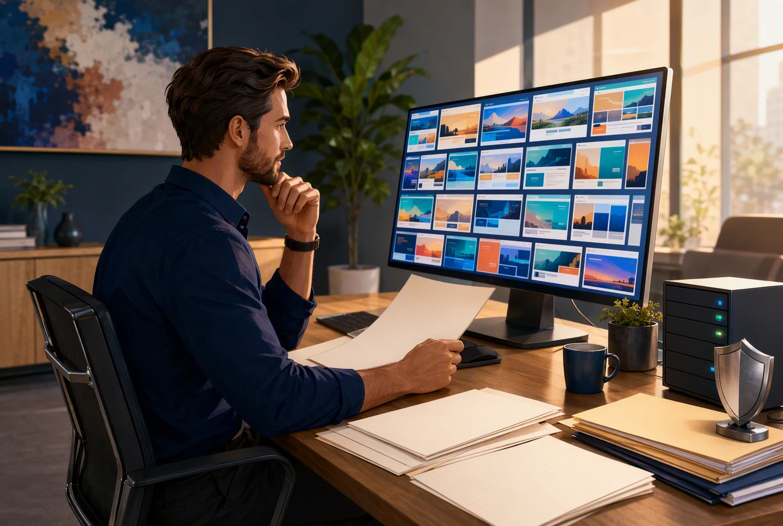 Agency manager reviewing client portfolio with lifetime hosting invoices