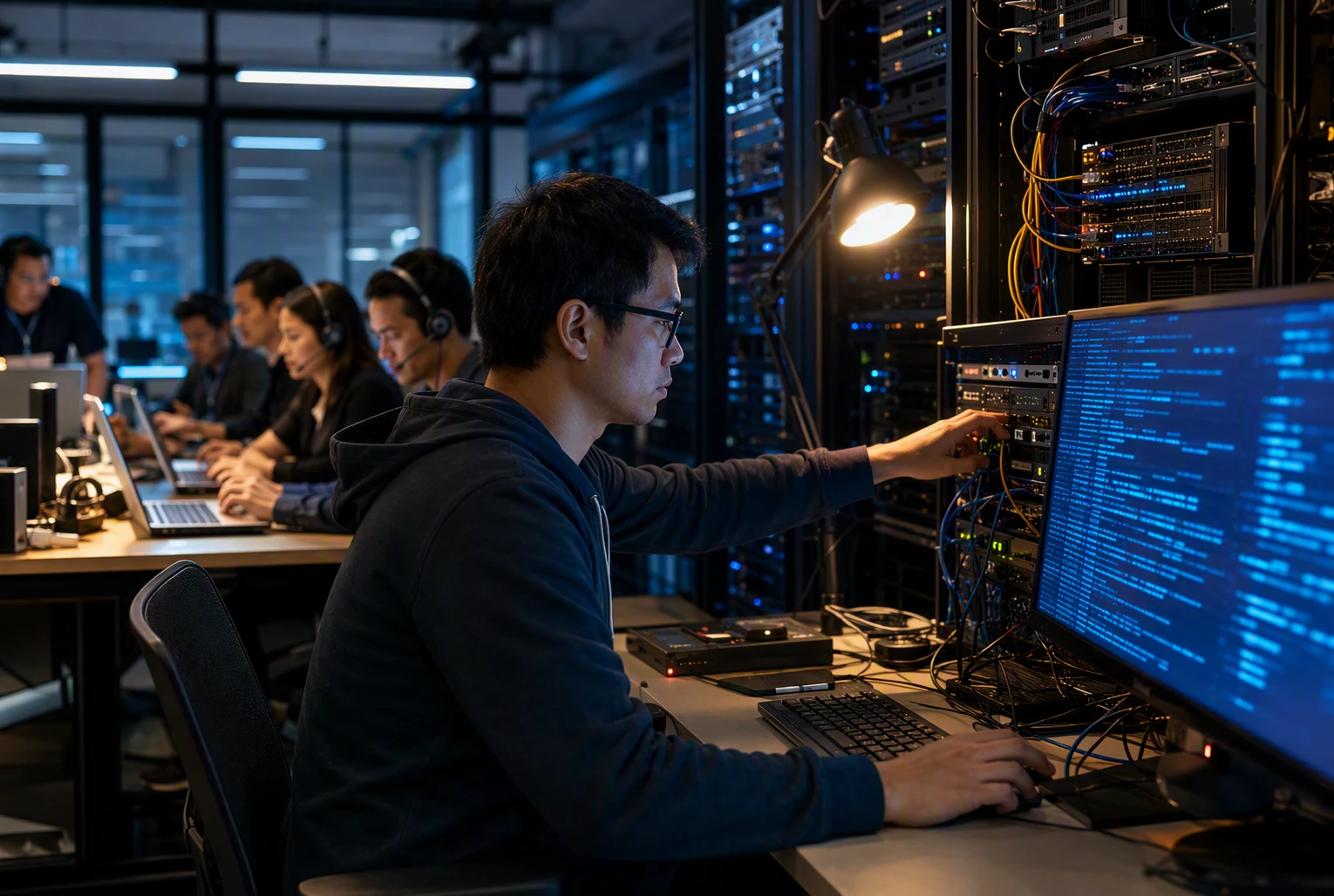 Developer troubleshooting Linux logs beside ecommerce ops team
