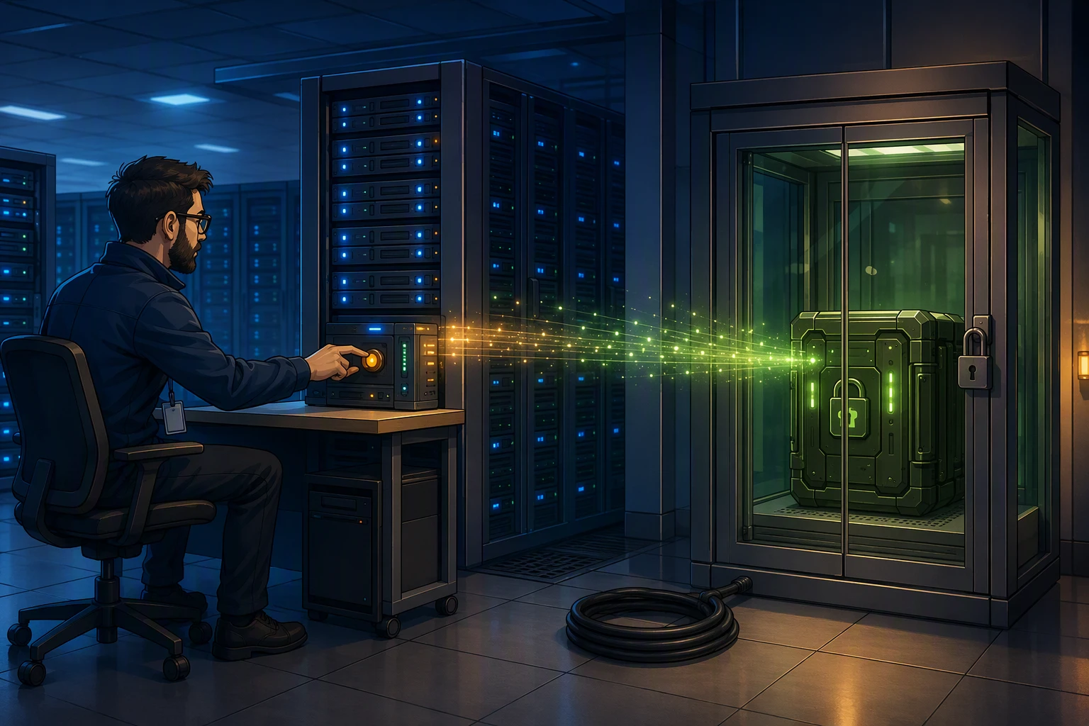 Technician restores encrypted backup in secure data center