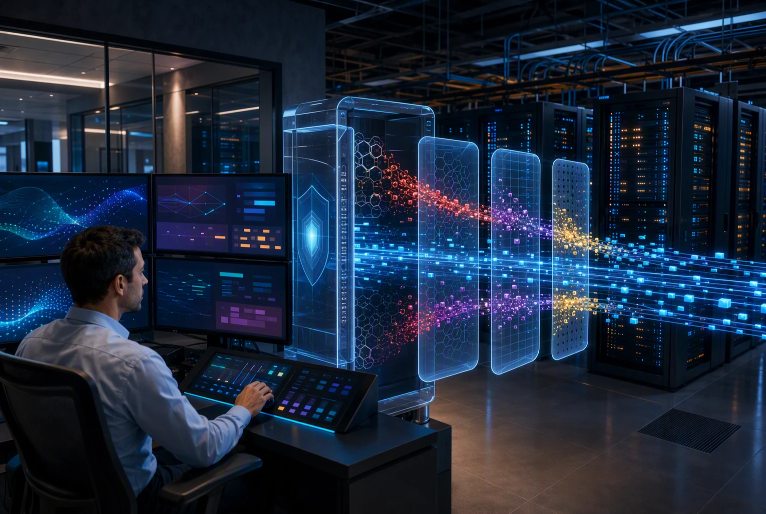Security engineer overseeing layered network defenses in a data center