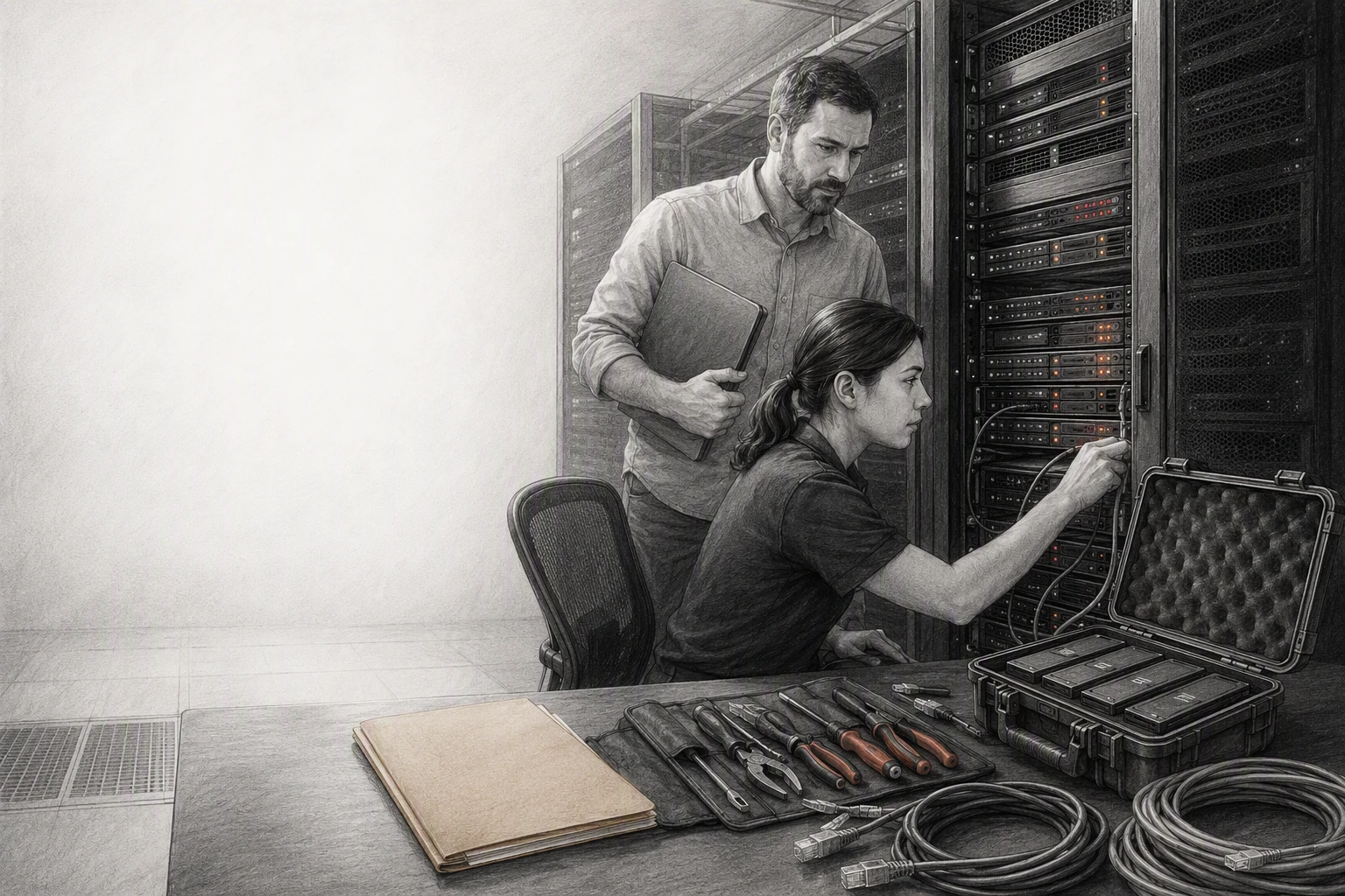 Support engineer monitors alerts while small business owner reviews server metrics