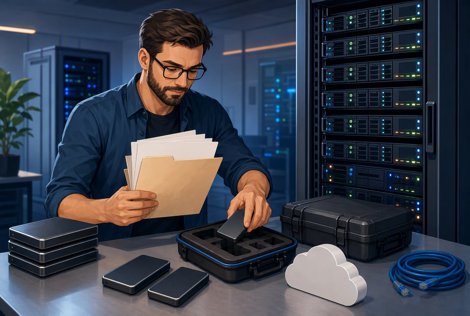 Developer checking backup files beside server rack