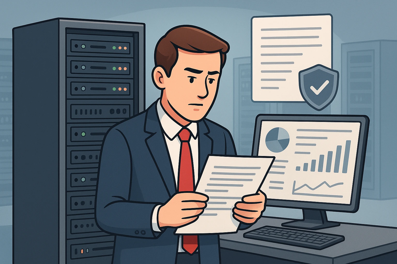 Business owner reviewing hosting terms near server rack