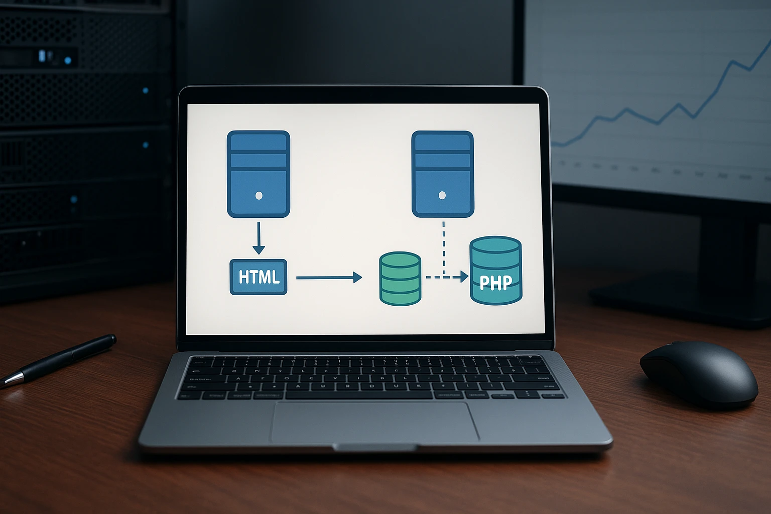 Server rack with glowing cache path versus database route