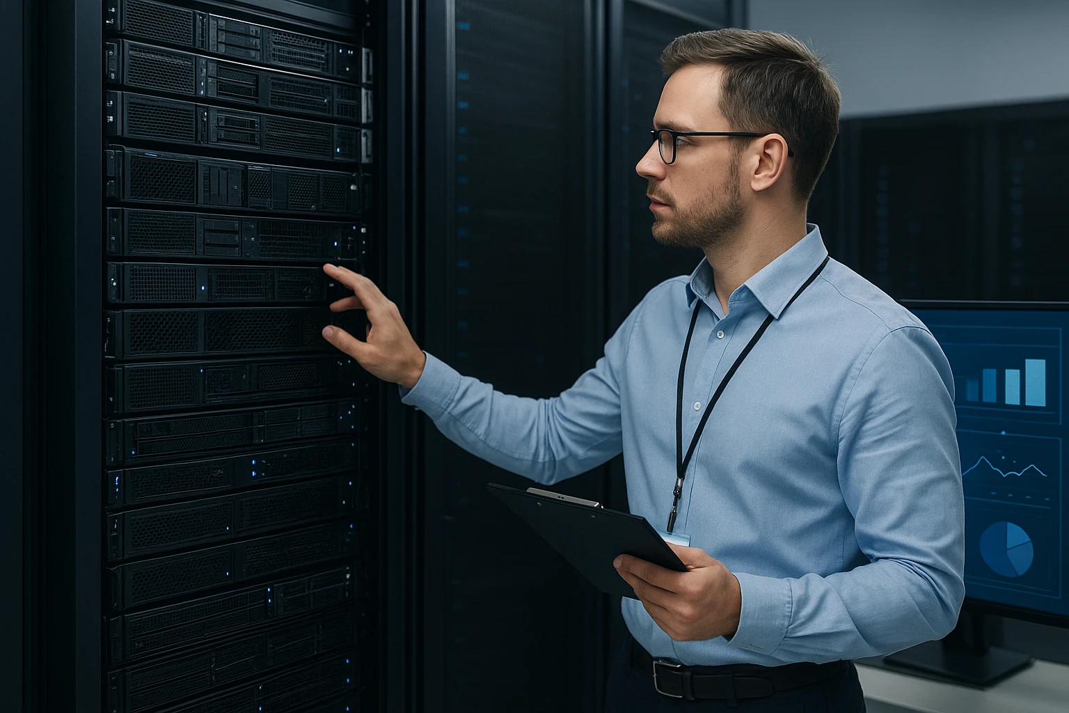 Technician inspecting NVMe servers with LiteSpeed metrics