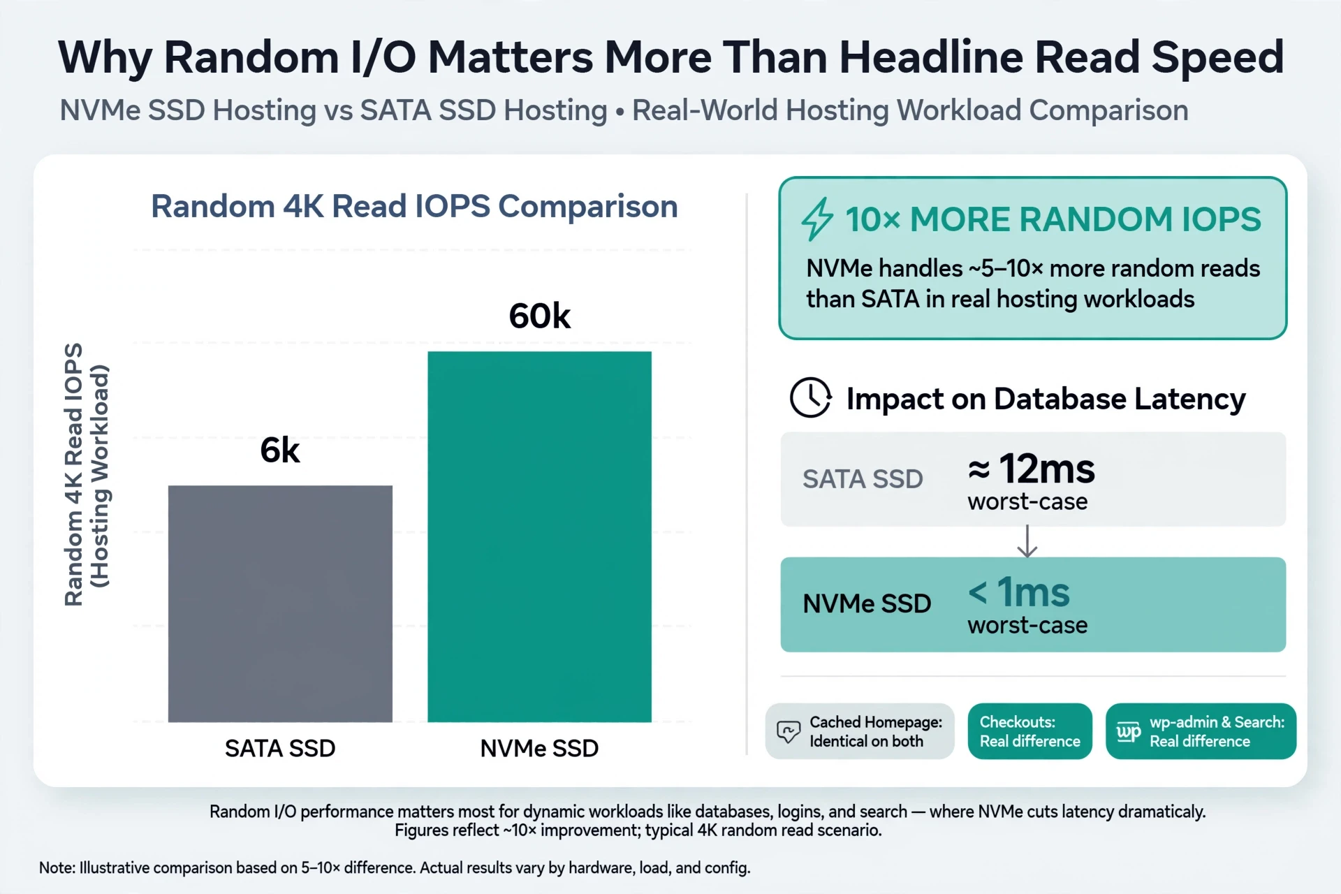 Bar chart comparing random 4K IOPS for SATA and NVMe SSDs