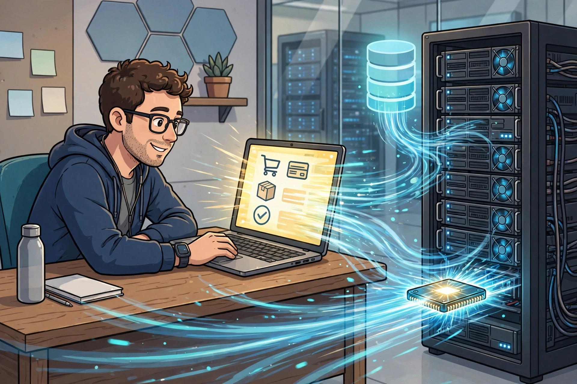 Developer watching fast checkout beside server rack