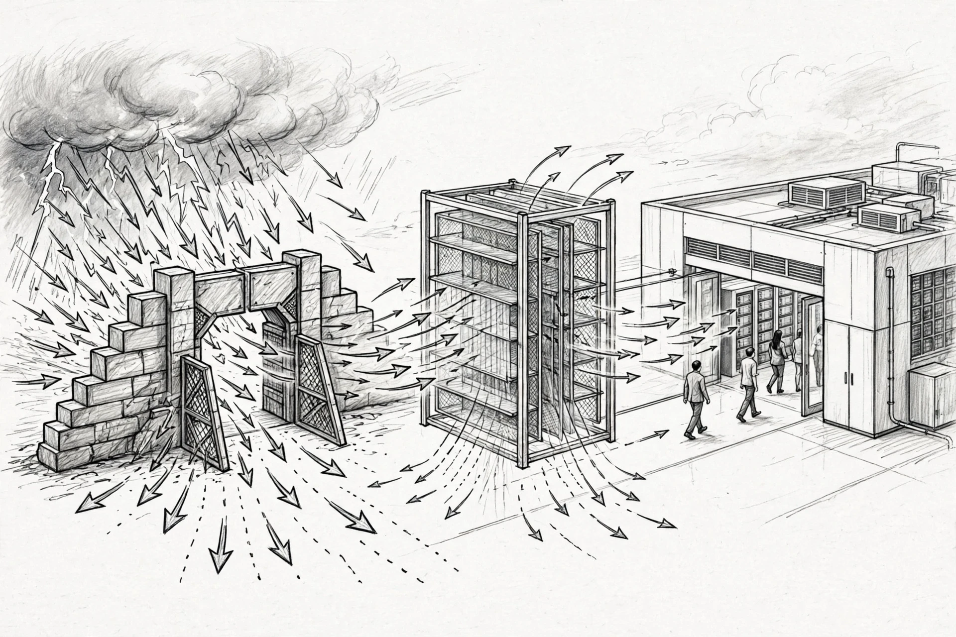 Pencil sketch of layered server defense filtering traffic