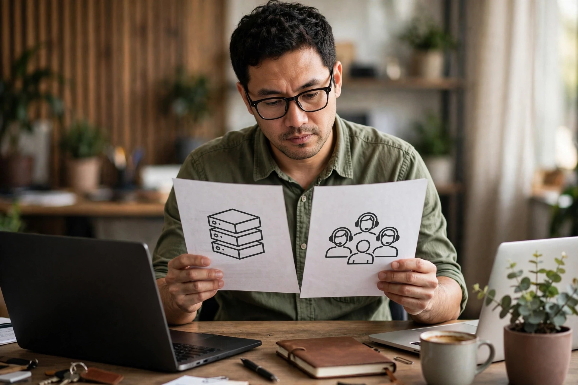 Small business owner comparing two hosting plans
