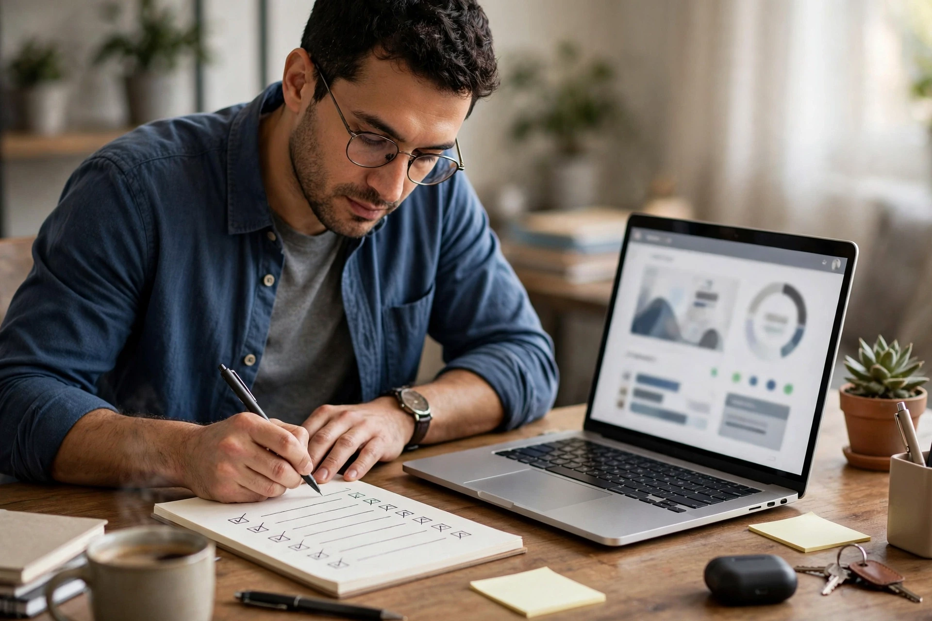 Small business owner writing hosting task checklist