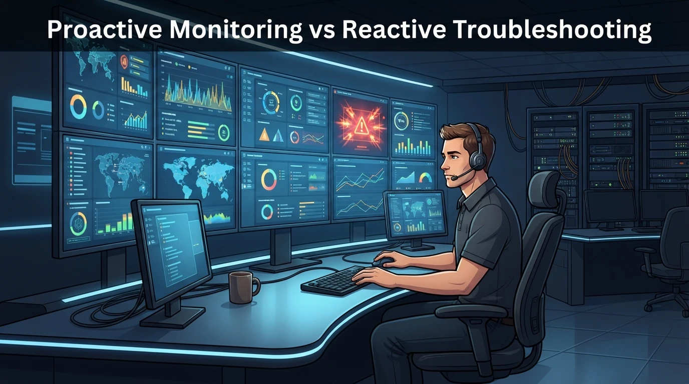 Technician monitoring server security dashboards