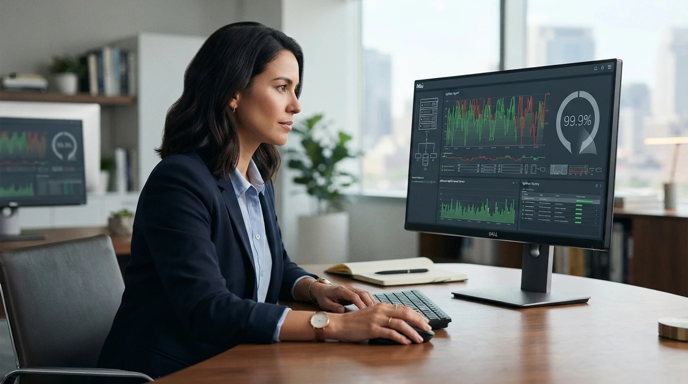 Business owner reviewing hosting uptime dashboard