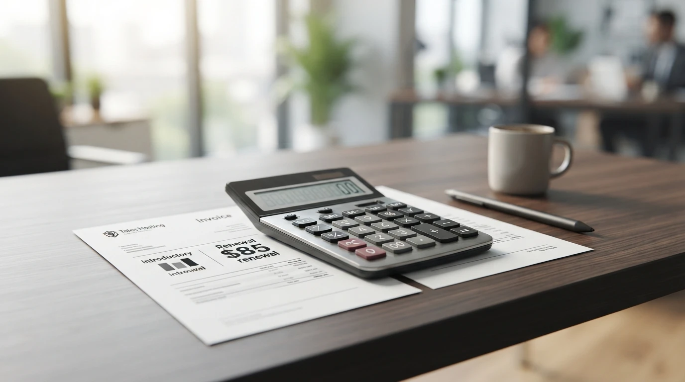 Calculator beside invoice on office desk