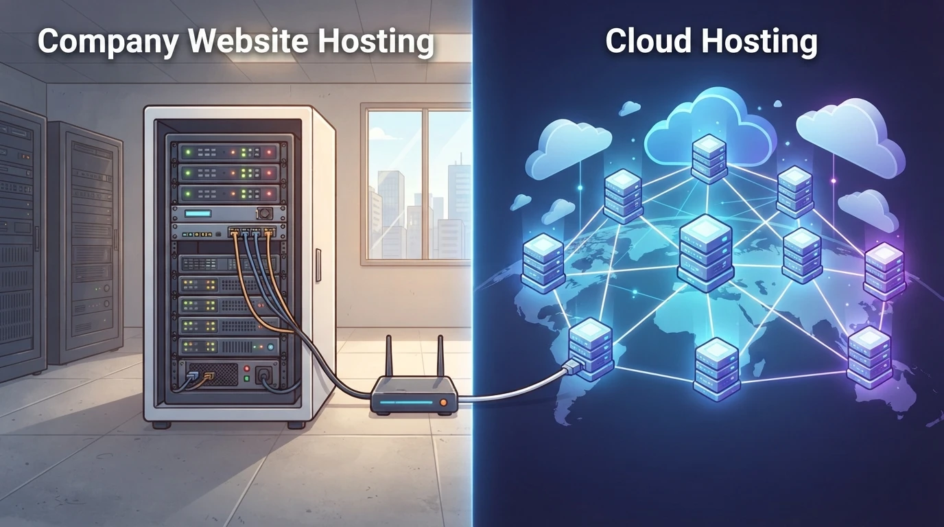 A single server tower beside a network of connected cloud servers