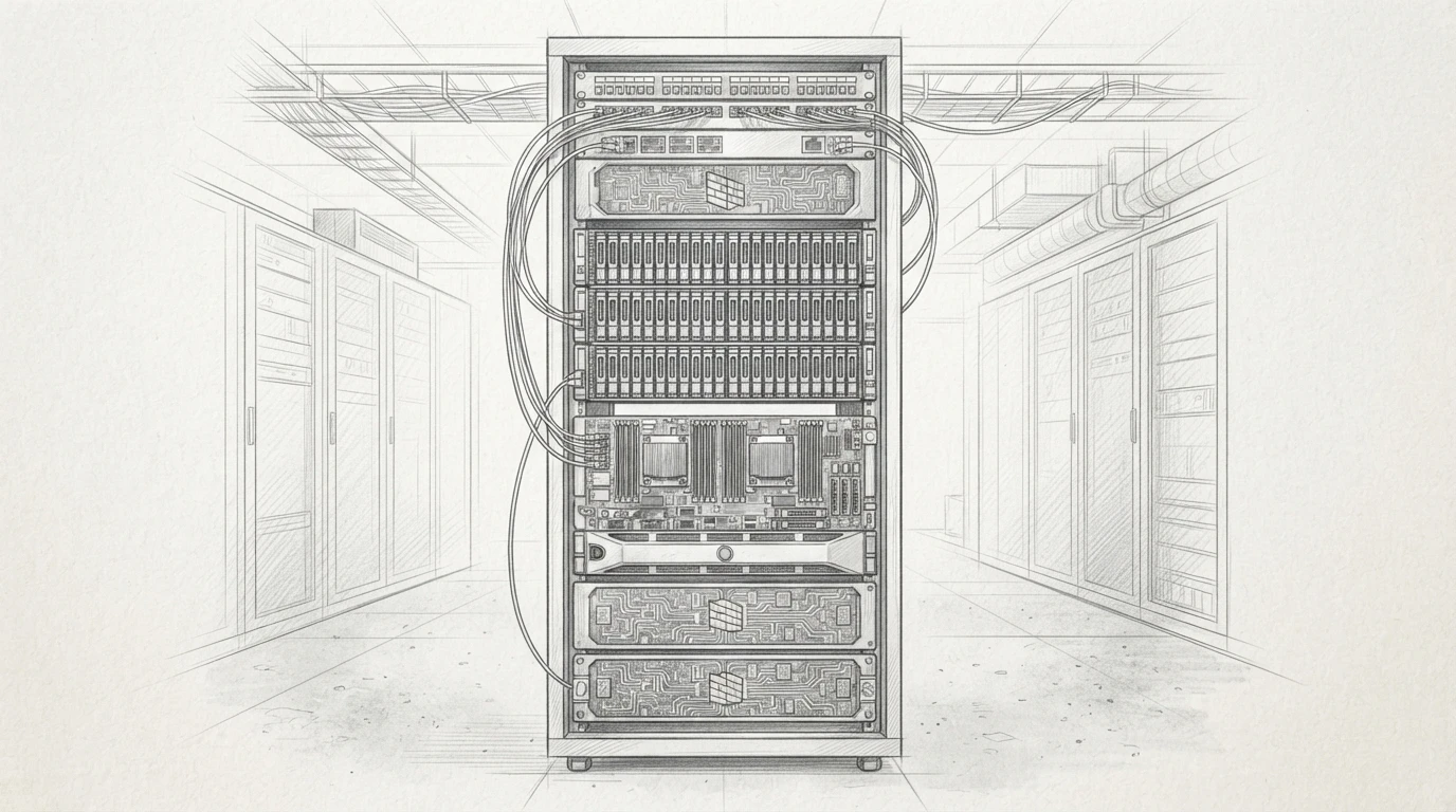 Pencil sketch of an NVMe-equipped enterprise server rack