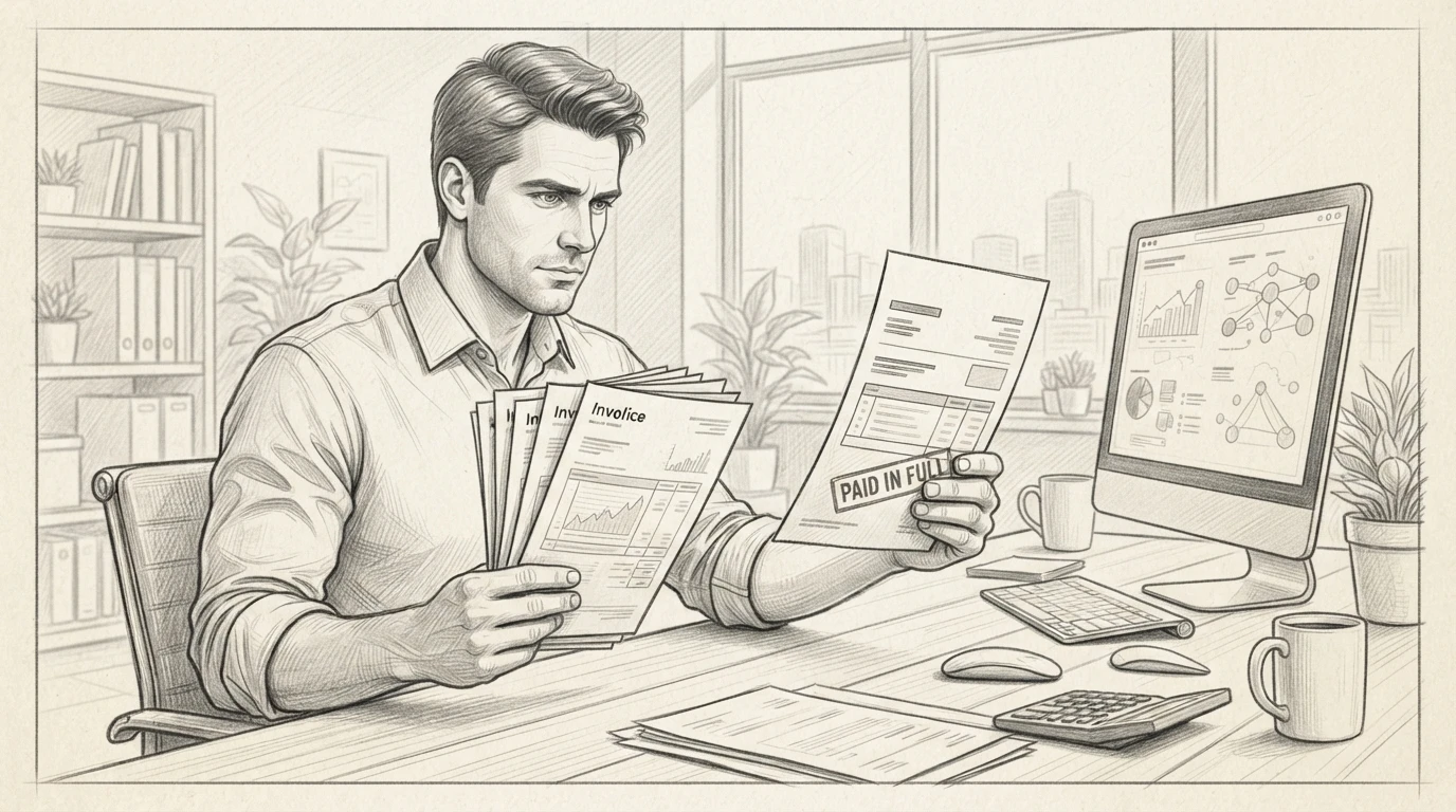 Finance manager comparing hosting invoices at desk