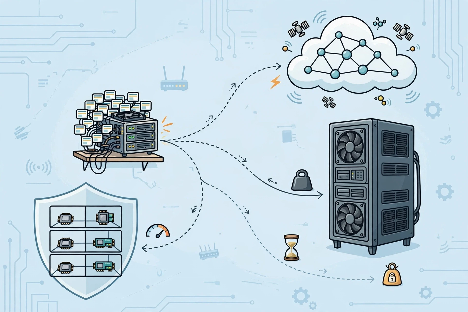 Four branching pathways with server icons